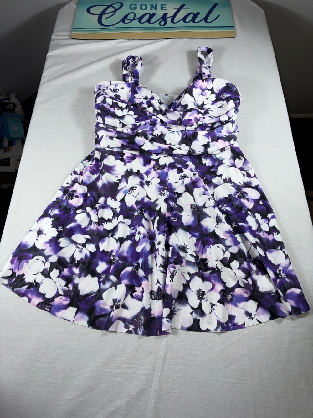 purple and white floral tankini top features adjustable straps